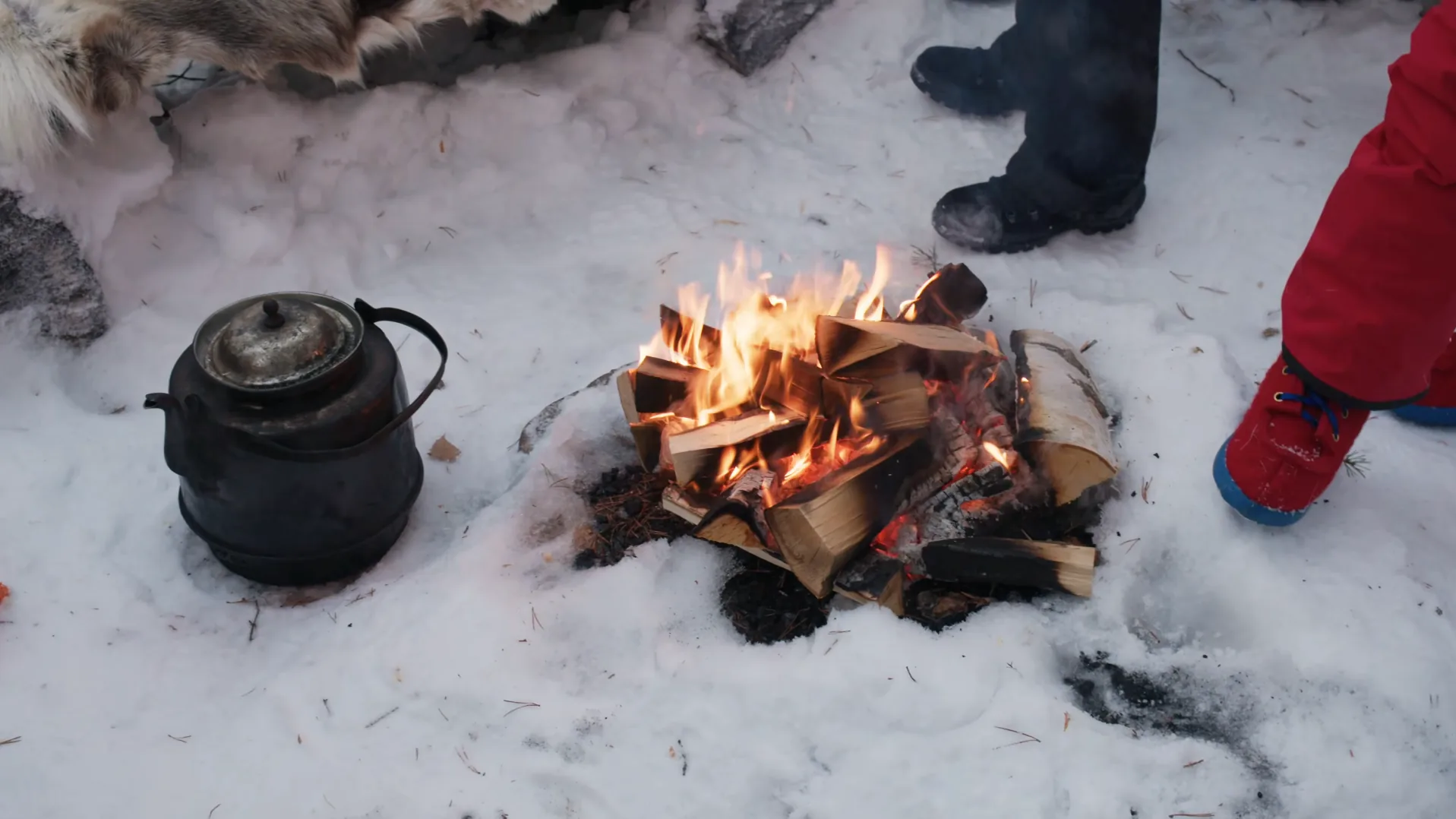 A blackened kettle in the snow beside a small wood fire, with a reindeer hide and the boots of people standing round it, at the Jokkmokk winter market