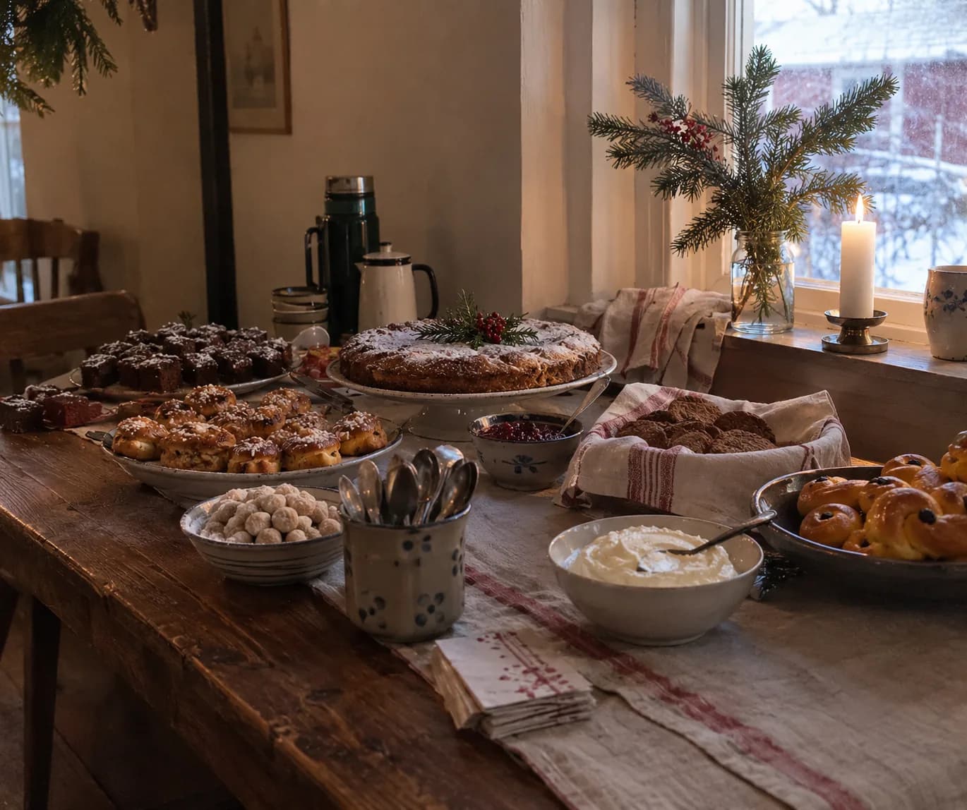 A Swedish Christmas coffee table by a snowy window: saffron lussekatter, gingerbread, cakes, lingonberries and whipped cream beside a lit candle