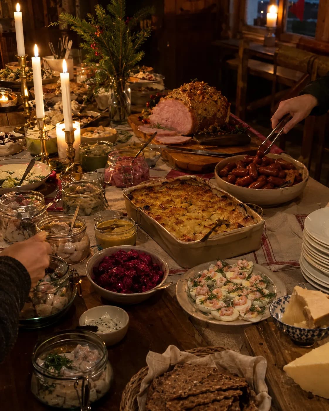 A candlelit Swedish julbord: jars of pickled herring, a glazed Christmas ham, Janssons frestelse, small sausages, beetroot salad, eggs with prawns, crispbread and cheese