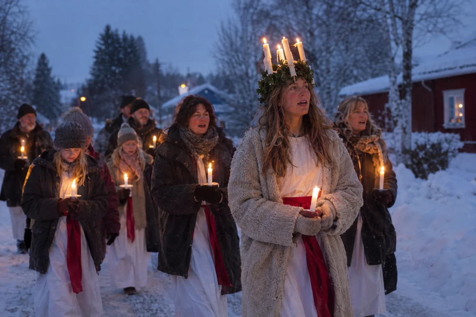 Lucia with a crown of candles and a wool coat over her white gown leads villagers of all ages, each holding a candle, along a snowy road past a red wooden house at dawn