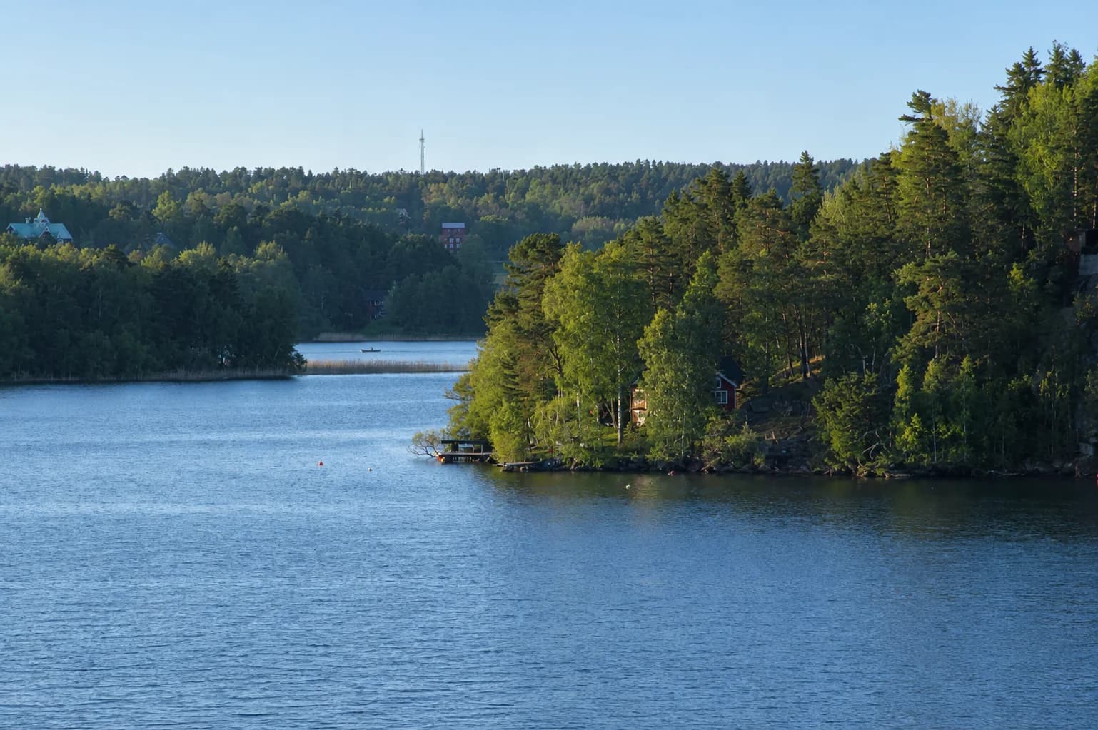 Pine-wooded shore with a red wooden cottage and a small jetty on calm blue water, a rowing boat in the distance, on an early summer evening