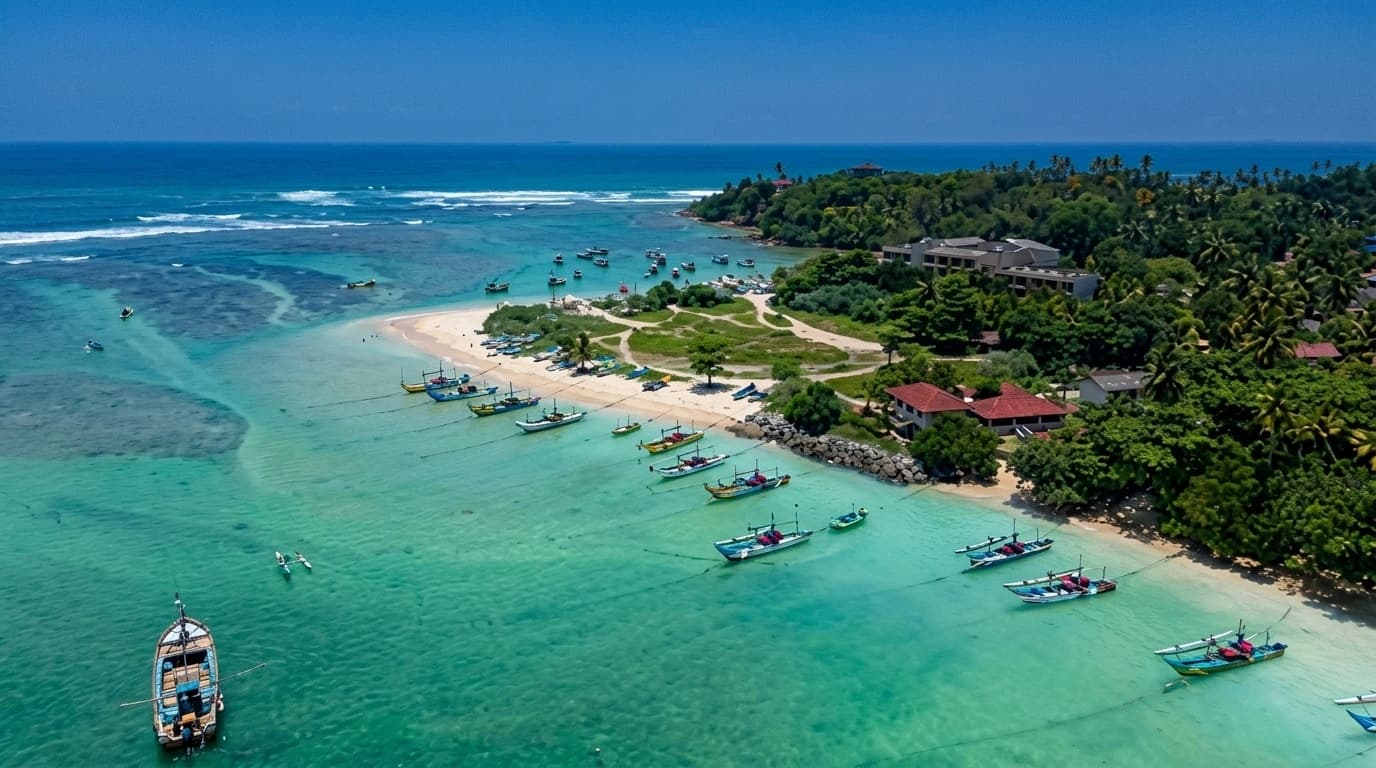 Beachfront estate on Sri Lanka's south coast, Indian Ocean beyond.