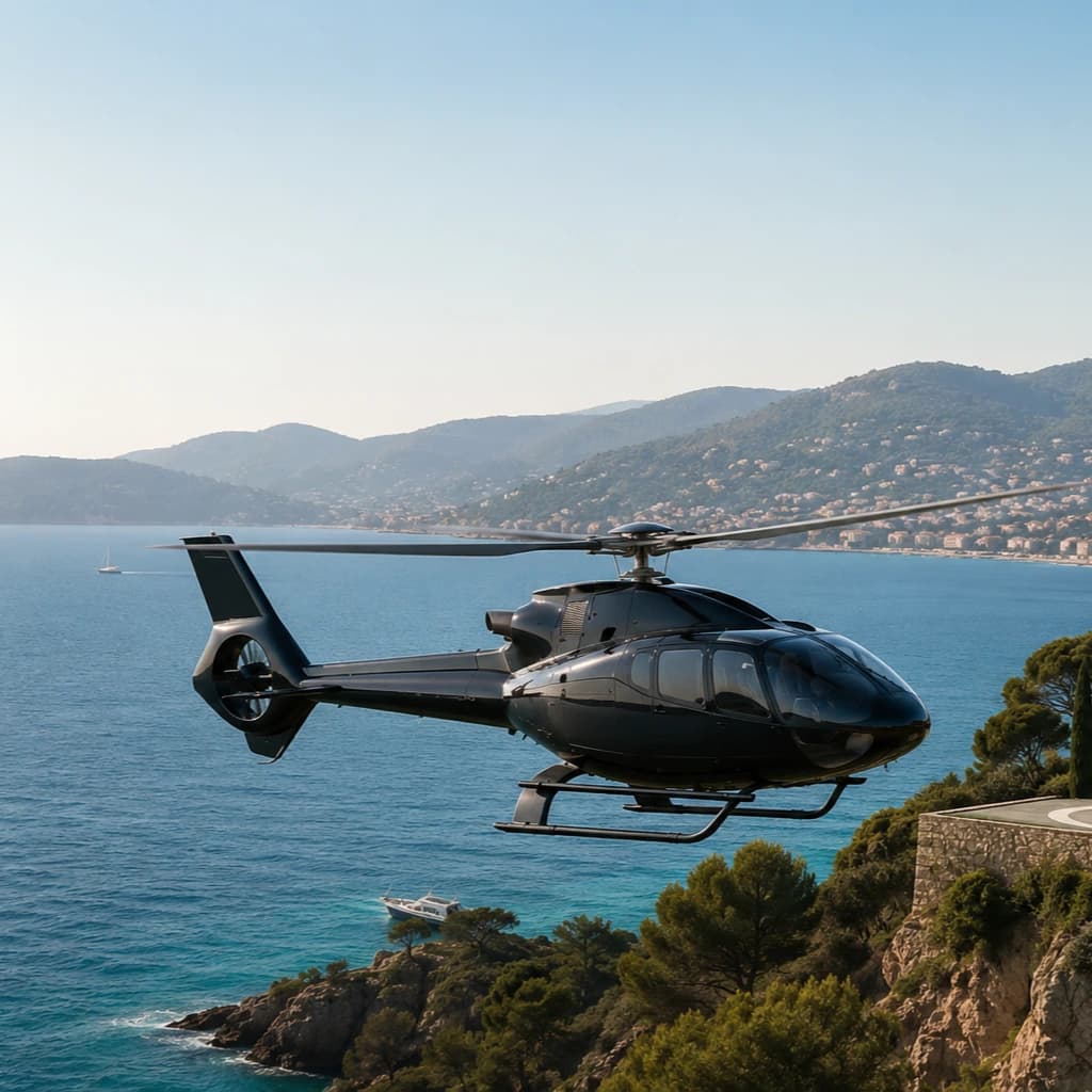 Helicopter approaching a coastal villa on the Riviera