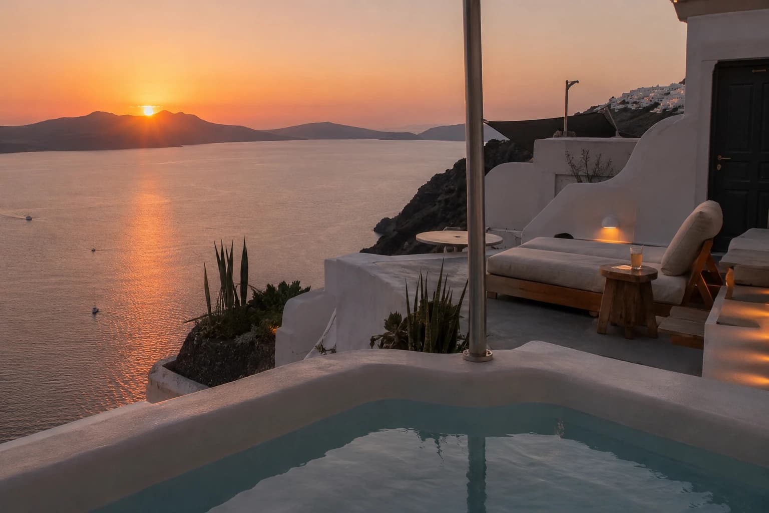 Caldera-edge cave suite with plunge pool in Santorini at dusk