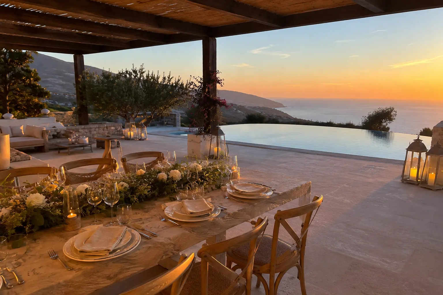 Staffed villa terrace set for dinner