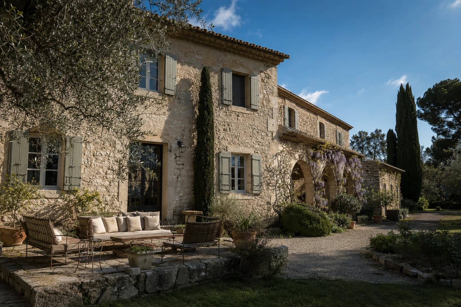 Provençal stone estate with a shaded terrace at golden hour