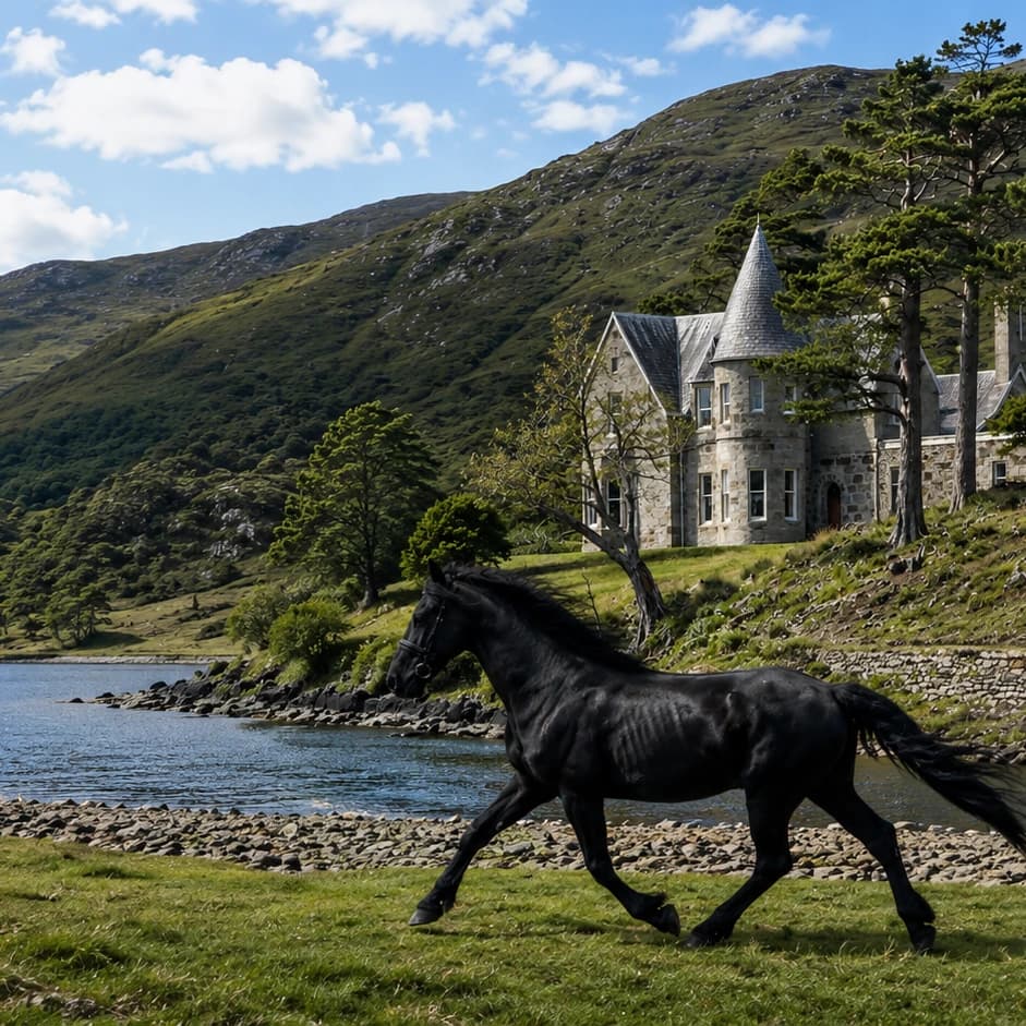 Remote Highland estate house above a loch at dusk