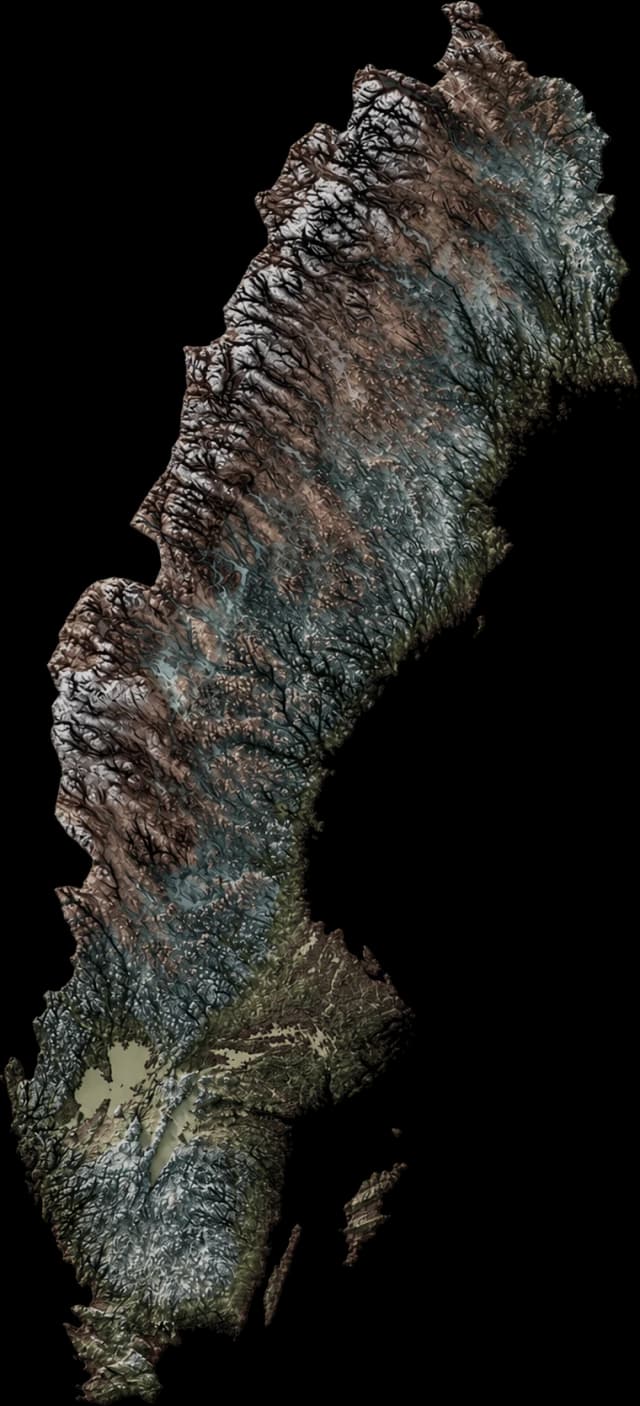 Relief map of Sweden, from the Arctic fells in the north to the southern plains