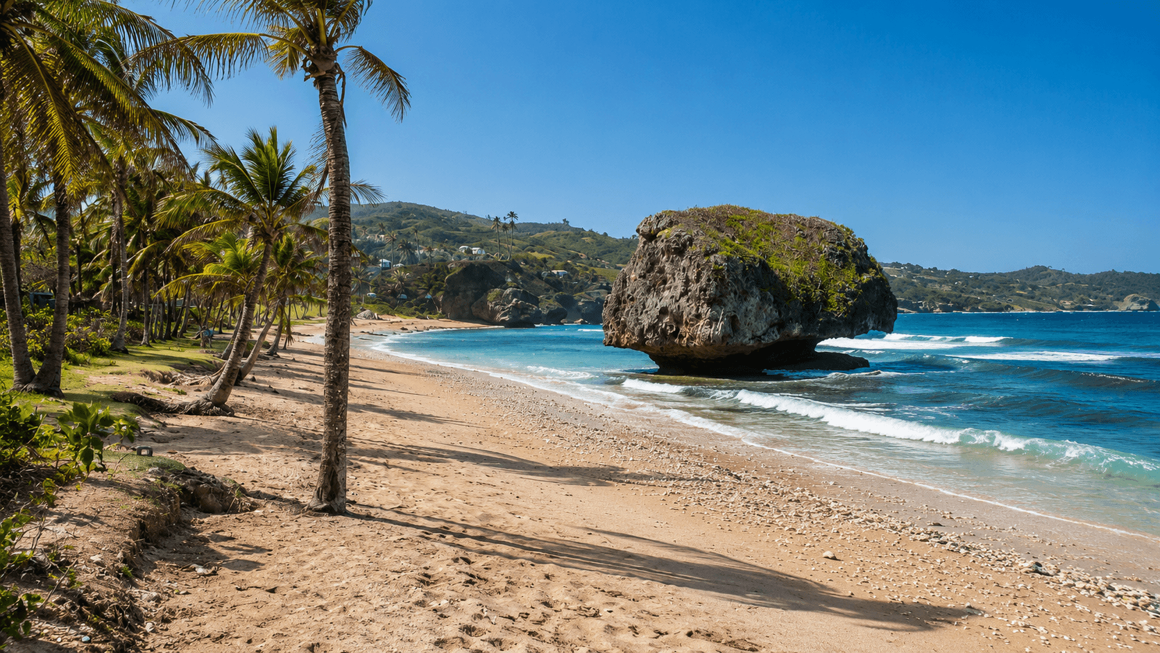 The wild Atlantic surf and rock formations of the east coast at Bathsheba, Barbados.