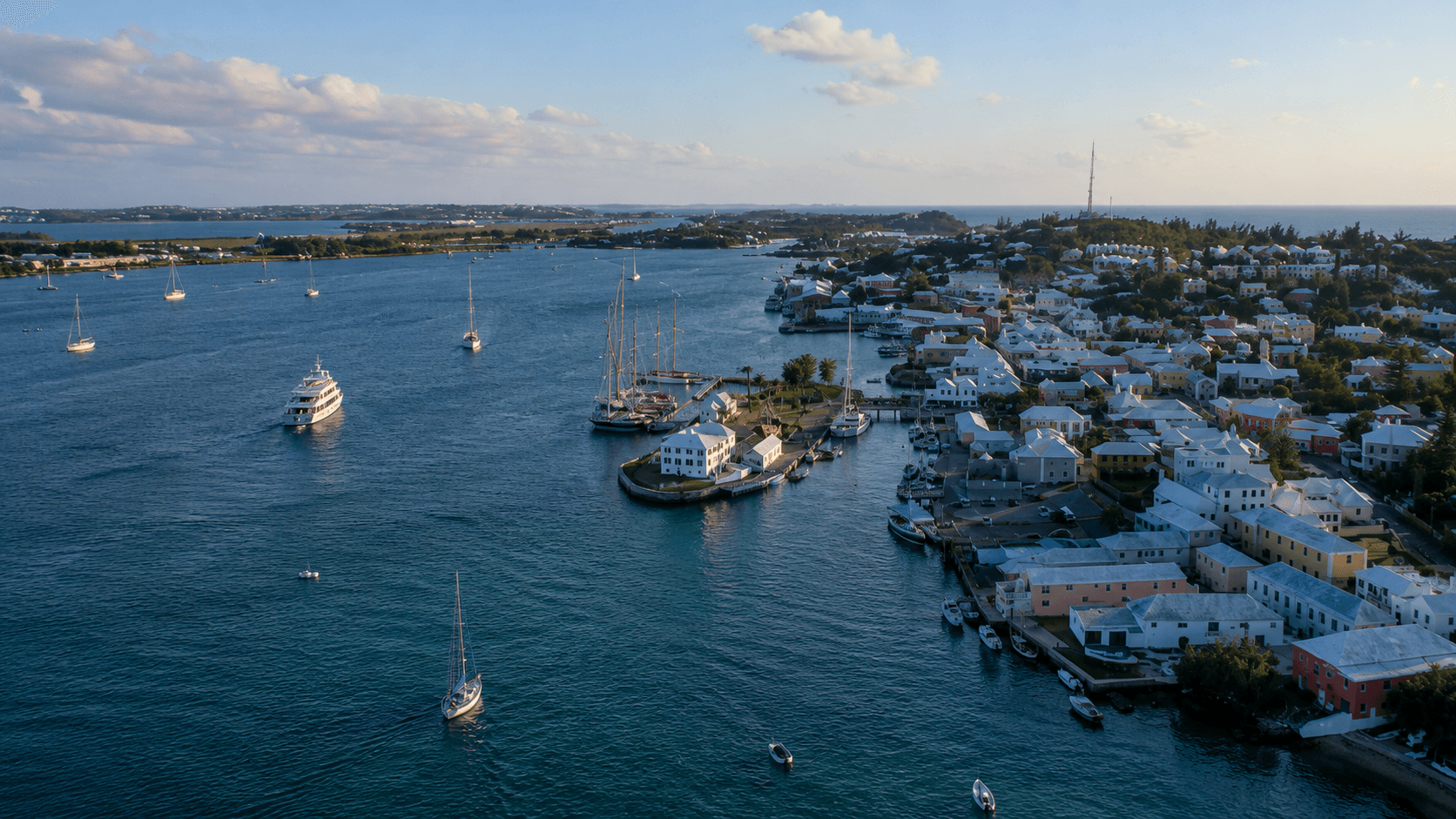 The horseshoe harbour of St George's at dusk, Grenada.