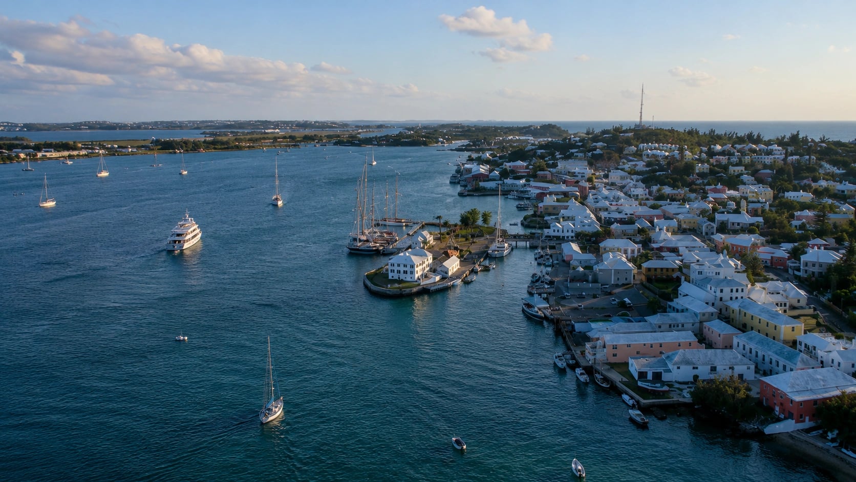 The horseshoe harbour of St George's at dusk, Grenada.