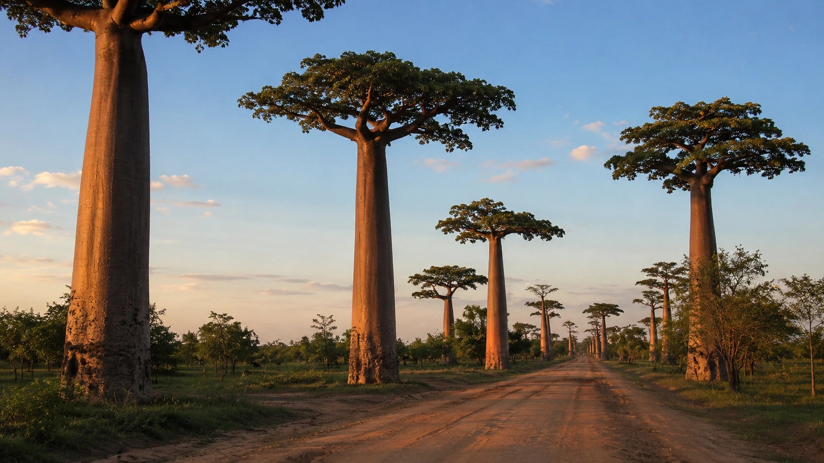 Avenue of the Baobabs at sunset near Morondava, western Madagascar.