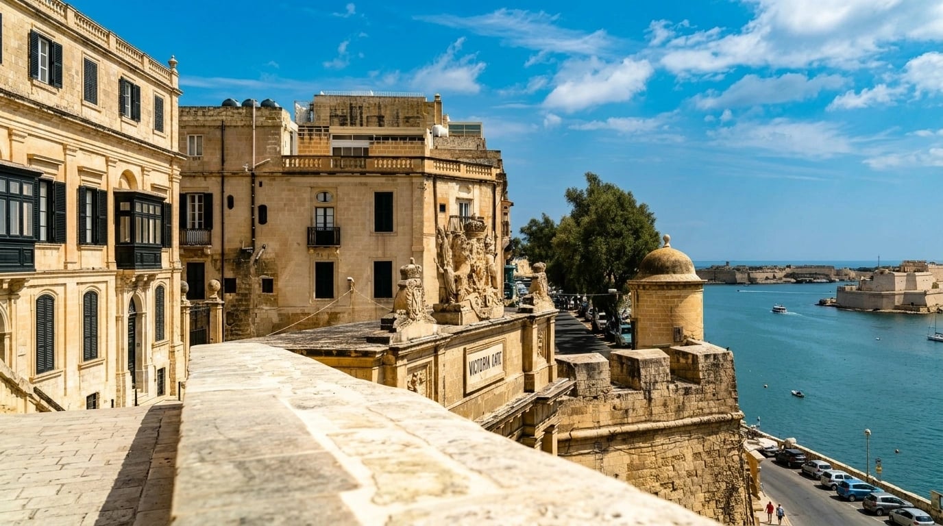The honey-stone fortifications and harbour of Valletta at golden hour, Malta.