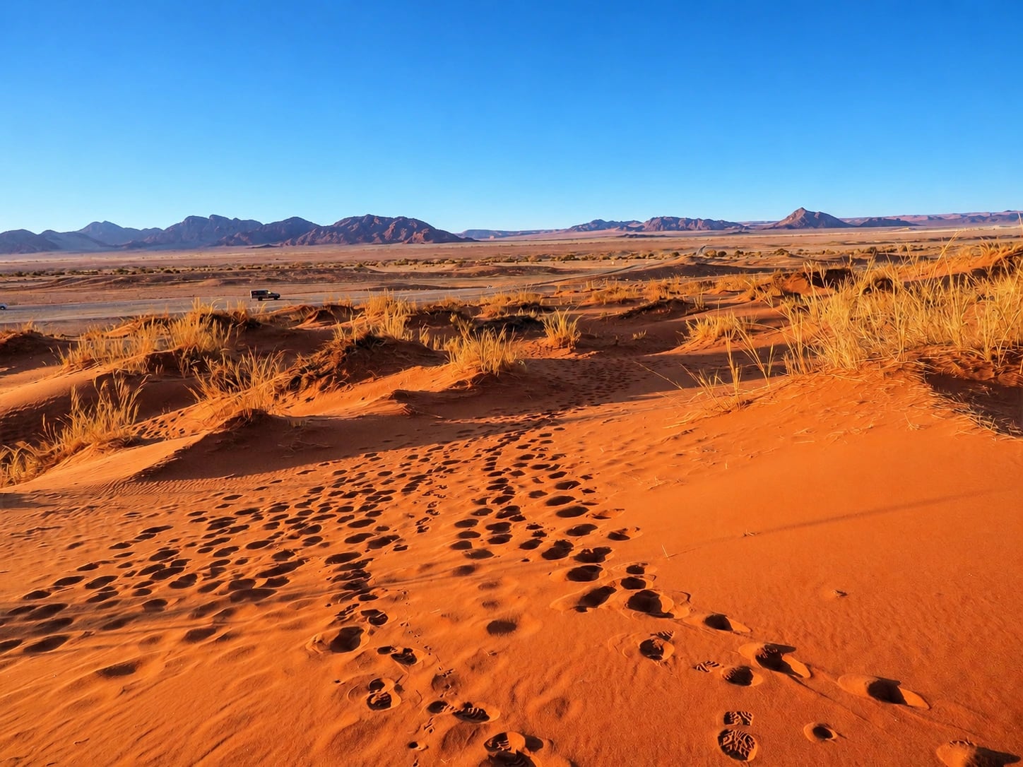 Red dunes and a white clay pan at first light, the Namib Desert, Namibia.