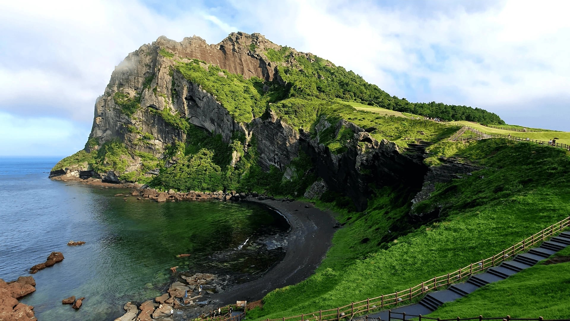 Private coastal estate on Jeju Island, volcanic coast and southern sea beyond.