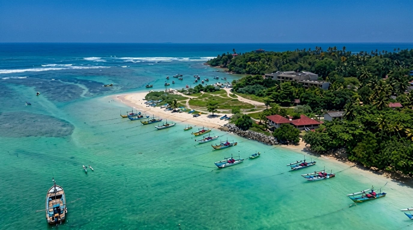 Beachfront estate on Sri Lanka's south coast, Indian Ocean beyond.