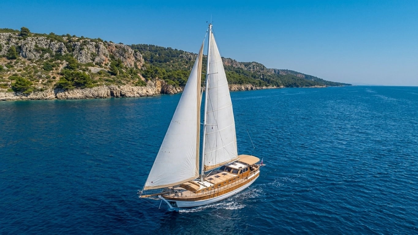 A traditional wooden gulet anchored in a turquoise bay on the Aegean coast, Turkey.
