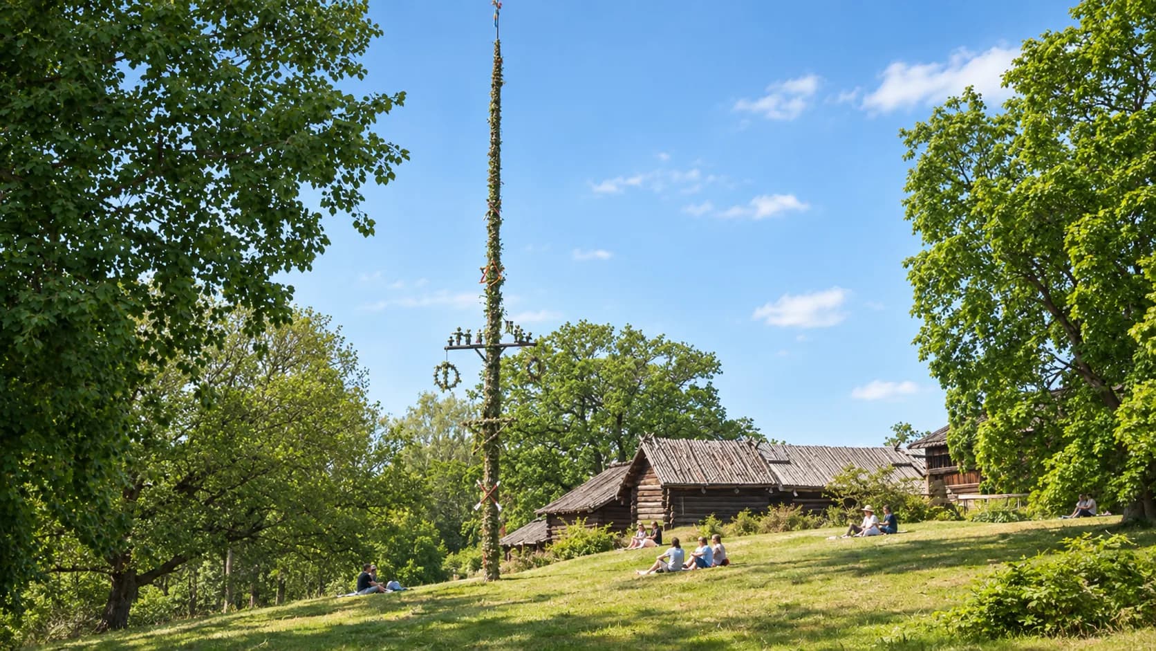 A tall leaf-wrapped Midsummer pole with hanging rings beside old timber farm buildings on a grassy slope, people sitting on the grass in summer sun