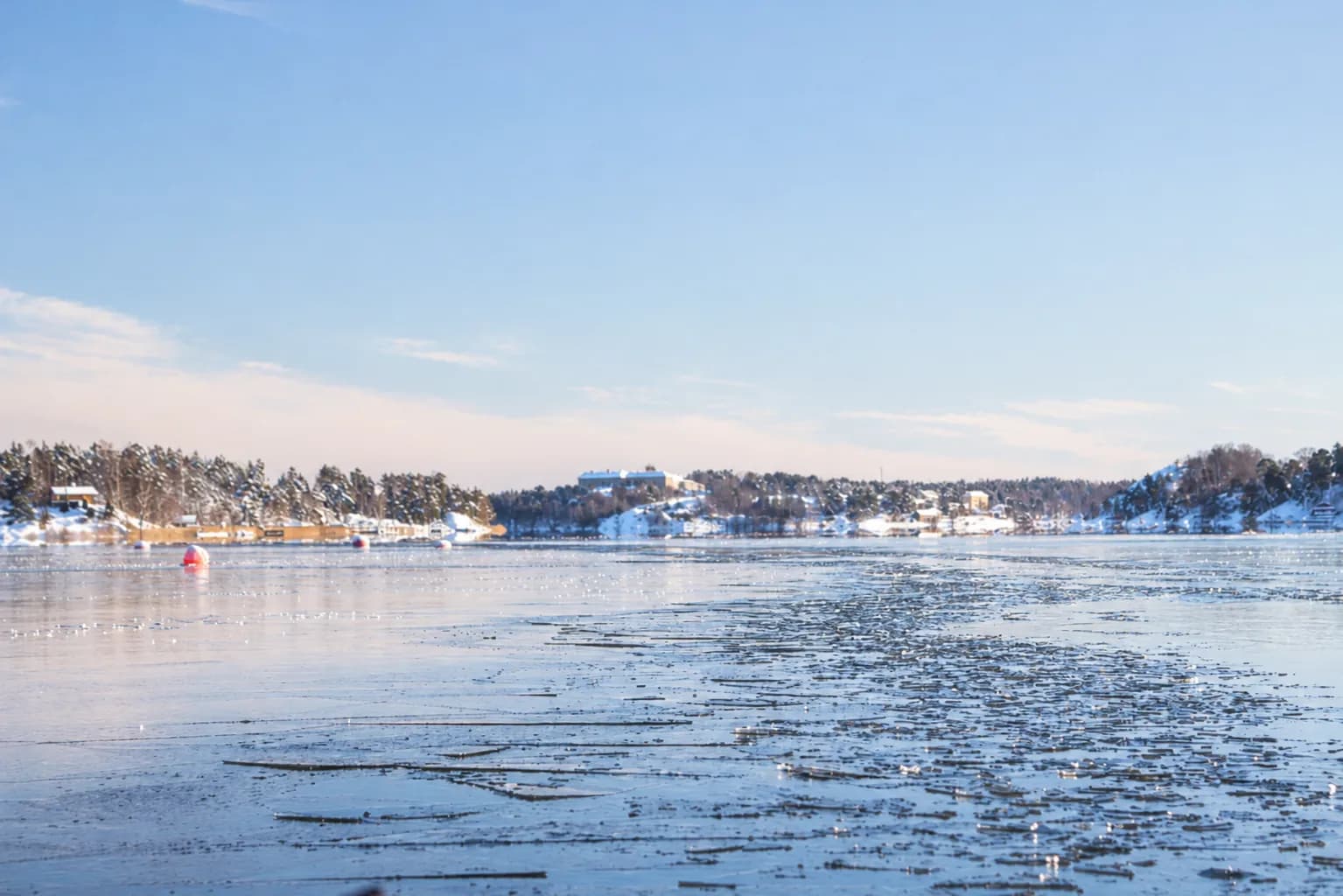 Thin new ice on the sea between snow-covered wooded islands, red mooring buoys frozen in and houses along the shore, under a pale winter sky