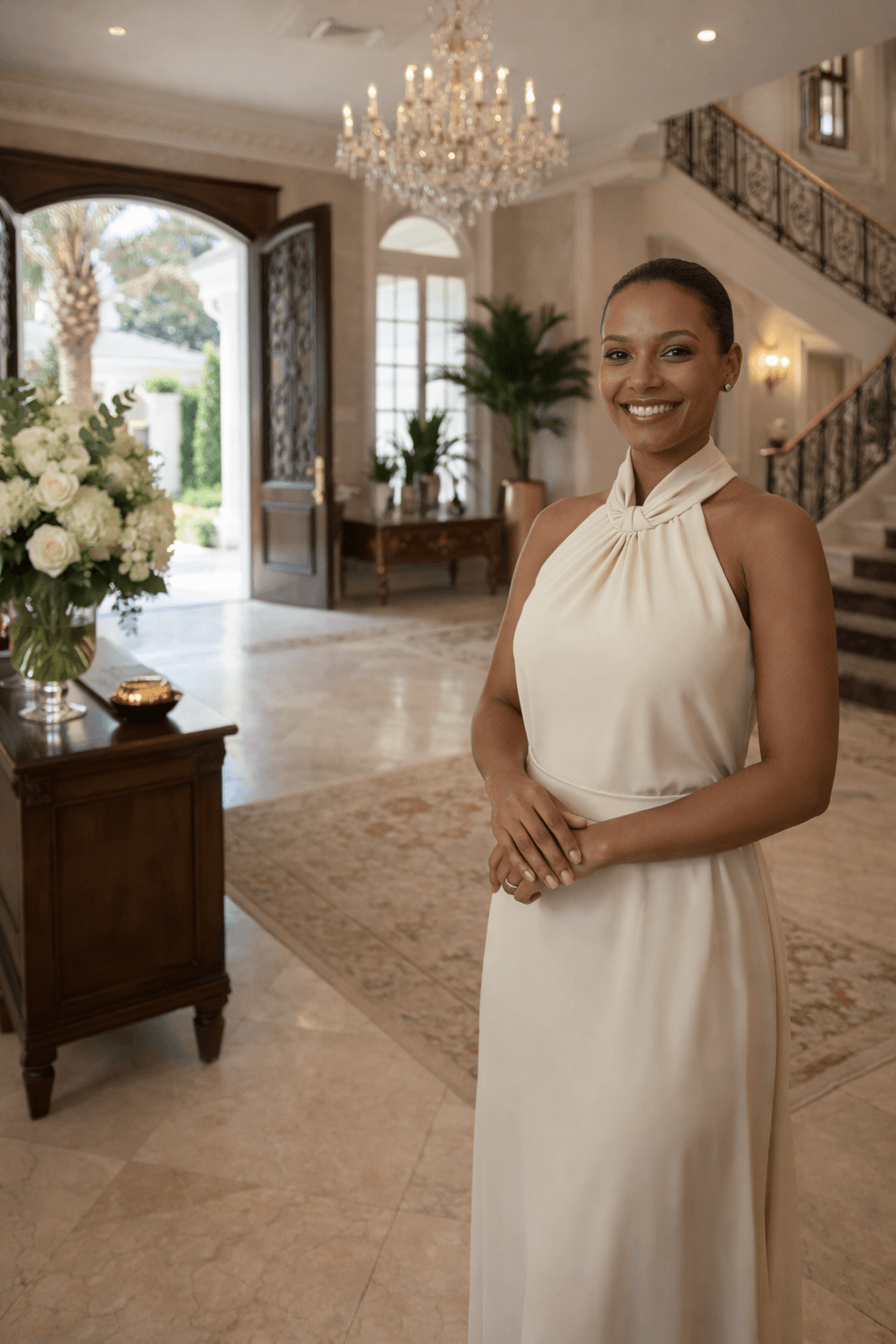 Refined arrival setting with warm evening ambience.