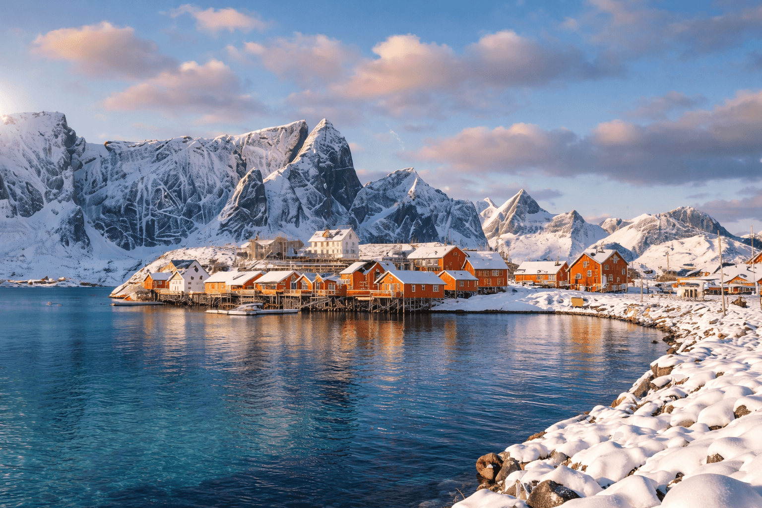 Private shore-side estate in the Lofoten archipelago, Arctic Norway.