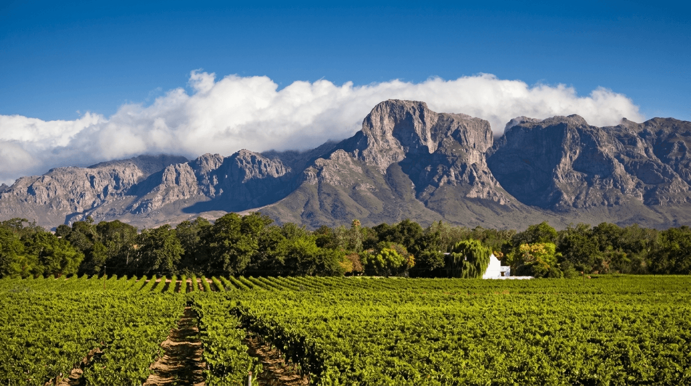 Private estate in the Cape Winelands with the mountains beyond, Western Cape, South Africa.