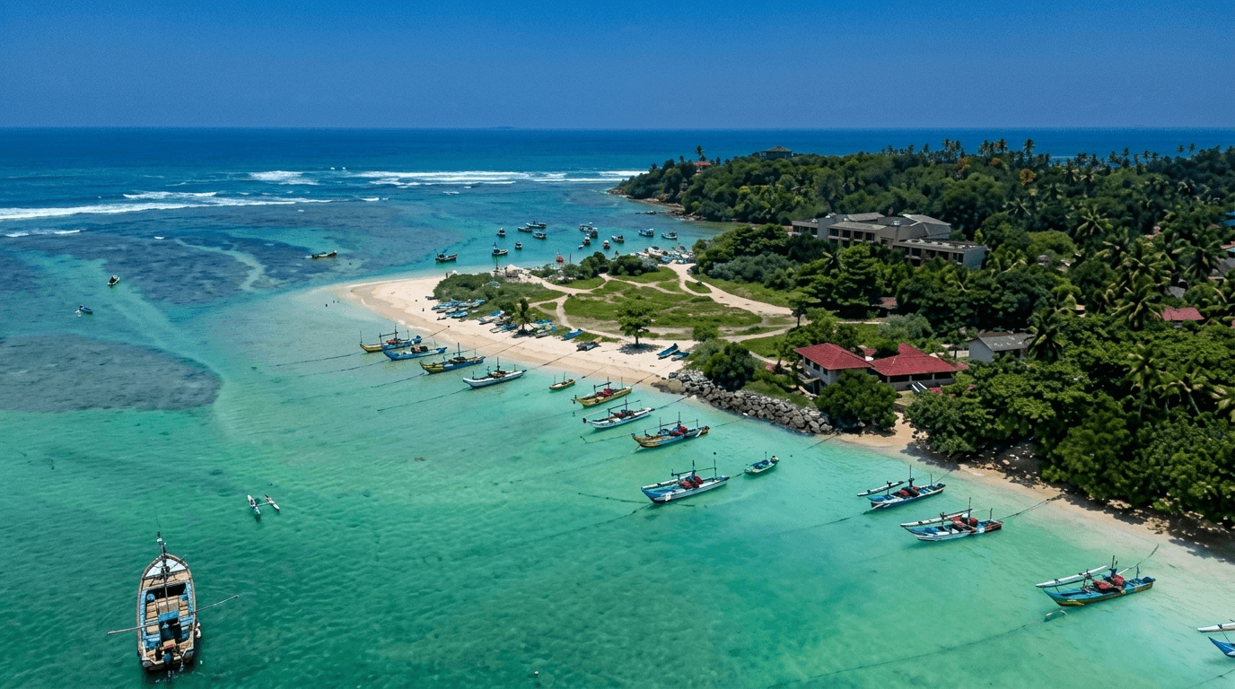 Beachfront estate on Sri Lanka's south coast, Indian Ocean beyond.